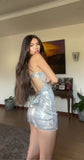 Niulatu Sheath Short Prom Dresses Silver Homecoming Dresses Sparkly Sequins Open Back Birthday Dresses HZ1026