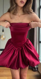 Niulatu A-Line Short Prom Dresses Satin Burgundy Homecoming Dresses Strapless Birthday Dresses HZ1026