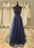 Niulatu Spaghetti Strap A-Line Long Prom Dresses Beaded Tulle Navy Blue Evening Gowns HZ1026