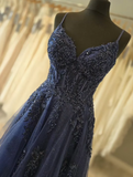 Niulatu Spaghetti Strap A-Line Long Prom Dresses Beaded Tulle Navy Blue Evening Gowns HZ1026