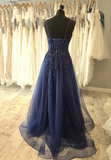Niulatu Spaghetti Strap A-Line Long Prom Dresses Beaded Tulle Navy Blue Evening Gowns HZ1026
