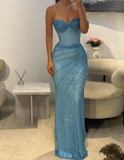 Niulatu Sweetheart Sheath Long Prom Dresses Mesh Blue Evening Dresses HZ1026
