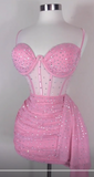 Niulatu Spaghetti Strap Tight Homecoming Dress Pink Birthday Dresses Rhinestone Chiffon Short Prom Dresses HZ1026
