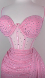 Niulatu Spaghetti Strap Tight Homecoming Dress Pink Birthday Dresses Rhinestone Chiffon Short Prom Dresses HZ1026