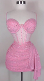 Niulatu Spaghetti Strap Tight Homecoming Dress Pink Birthday Dresses Rhinestone Chiffon Short Prom Dresses HZ1026