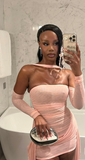 Niulatu Strapless Bodycon Homecoming Dresses Pink Birthday Dresses Chiffon Short Prom Dresses HZ1026