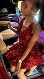Niulatu Halter A-Line Homecoming Dresses Burgundy Birthday Dresses Sequined Short Prom Dresses HZ1026