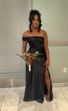 Niulatu One Shoulder Sheath Long Prom Dresses Black Guest Dresses Satin Black Formal Dress with Slit HZ1026