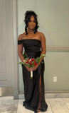 Niulatu One Shoulder Sheath Long Prom Dresses Black Guest Dresses Satin Black Formal Dress with Slit HZ1026