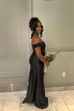 Niulatu One Shoulder Sheath Long Prom Dresses Black Guest Dresses Satin Black Formal Dress with Slit HZ1026