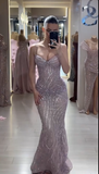 Niulatu Spaghetti Strap Mermaid Long Prom Dresses Beaded Tulle Evening Dresses HZ1026
