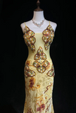 Niulatu Spaghetti Strap Mermaid Long Prom Dresses Beaded Chiffon Yellow Formal Dresses HZ1026