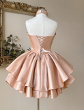 Niulatu Halter Ball Gown Peach Homecoming Dresses Sleeveless Birthday Dresses Satin Party Dresses HZ1026