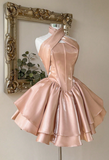 Niulatu Halter Ball Gown Peach Homecoming Dresses Sleeveless Birthday Dresses Satin Party Dresses HZ1026