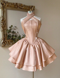 Niulatu Halter Ball Gown Peach Homecoming Dresses Sleeveless Birthday Dresses Satin Party Dresses HZ1026