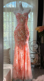 Niulatu Mermaid Coral Formal Dresses Tulle Sequin Sweetheart Neck Long Prom Dresses Coral Evening Dresses HZ1026