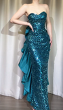 Niulatu Sheath Jade Formal Dresses Strapless Long Prom Dresses Sequined Backless Evening Gowns HZ1026