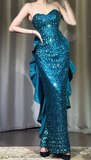 Niulatu Sheath Jade Formal Dresses Strapless Long Prom Dresses Sequined Backless Evening Gowns HZ1026