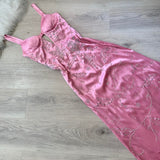 Niulatu Spaghetti Strap Sheath Wedding Guest Dresses Beaded Satin Pink Long Formal Dresses HZ1026