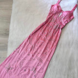 Niulatu Spaghetti Strap Sheath Wedding Guest Dresses Beaded Satin Pink Long Formal Dresses HZ1026