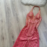 Niulatu Halter Sheath Long Prom Dresses with Open Back, Chiffon Sequins Hot Pink Formal Dresses HZ1026