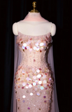 Niulatu Strapless Mermaid Long Prom Dresses, Beaded Sequin Tulle Evening Gowns Pink Formal Dresses HZ1026