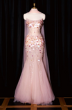 Niulatu Strapless Mermaid Long Prom Dresses, Beaded Sequin Tulle Evening Gowns Pink Formal Dresses HZ1026