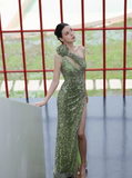 Niulatu One Shoulder Sheath Long Prom Dresses, Sequin Green Wedding Guest Dresses with Slit HZ1026