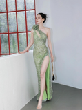 Niulatu One Shoulder Sheath Long Prom Dresses, Sequin Green Wedding Guest Dresses with Slit HZ1026