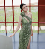 Niulatu One Shoulder Sheath Long Prom Dresses, Sequin Green Wedding Guest Dresses with Slit HZ1026