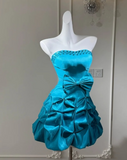 Niulatu A-line Short Prom Dresses, Taffeta Blue Homecoming Dresses Strapless Birthday Dresses HZ1026