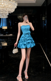 Niulatu A-line Short Prom Dresses, Taffeta Blue Homecoming Dresses Strapless Birthday Dresses HZ1026