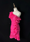Niulatu One Shoulder Tight Homecoming Dresses Pink Short Prom Dresses, Pleated Taffeta Birthday Dresses HZ1026