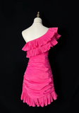 Niulatu One Shoulder Tight Homecoming Dresses Pink Short Prom Dresses, Pleated Taffeta Birthday Dresses HZ1026