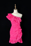 Niulatu One Shoulder Tight Homecoming Dresses Pink Short Prom Dresses, Pleated Taffeta Birthday Dresses HZ1026