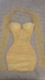 Niulatu Sweetheart Neck Bodycon Homecoming Dresses Tulle Long Sleeve Short Prom Dresses Yellow Birthday Dresses HZ1026
