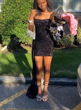 Niulatu Strapless Bodycon Homecoming Dresses Sequined Short Prom Dresses Black Birthday Dresses HZ1026