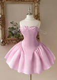 Niulatu Strapless A-Line Homecoming Dresses Satin Short Prom Dresses Pink Birthday Dresses HZ1026