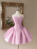 Niulatu Strapless A-Line Homecoming Dresses Satin Short Prom Dresses Pink Birthday Dresses HZ1026