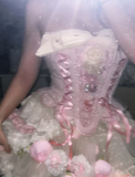 Niulatu Strapless Ball Gown Homecoming Dresses Tulle Applique Short Prom Dresses Pink Birthday Dresses HZ1026