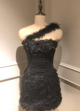 Niulatu One Shoulder Sheath Homecoming Dresses Tulle Applique Short Prom Dresses Black Birthday Dresses HZ1026