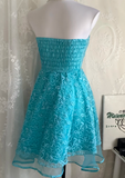 Niulatu Strapless A-Line Short Prom Dresses Lace Blue Homecoming Dresses Birthday Dresses HZ1026