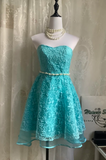 Niulatu Strapless A-Line Short Prom Dresses Lace Blue Homecoming Dresses Birthday Dresses HZ1026