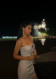 Niulatu Spaghetti Strap Sheath Short Prom Dresses Satin Silver Homecoming Dresses Birthday Dresses HZ1026