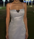 Niulatu Spaghetti Strap Sheath Short Prom Dresses Satin Silver Homecoming Dresses Birthday Dresses HZ1026