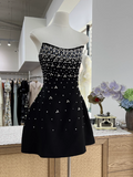 Niulatu A-Line Black Homecoming Dresses Strapless Formal Dresses Rhinestone Satin Mini Birtdhay Dresses Strapless Formal Dresses HZ1026