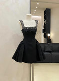 Niulatu A-Line Black Homecoming Dresses Rhinestone Satin Mini Birtdhay Dresses Square Neck Formal Dresses HZ1026
