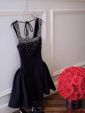 Niulatu A-Line Black Homecoming Dresses Rhinestone Satin Mini Birtdhay Dresses Square Neck Formal Dresses HZ1026