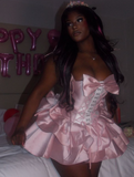 Niulatu Spaghetti Strap Ball Gown Pink Homecoming Dresses Satin Pink Birtdhay Dresses Sleeveless Short Formal Dresses HZ1026
