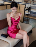 Niulatu Spaghetti Strap Sheath Short Prom Dresses Satin Sleeveless Birthday Dresses Hot Pink Homecoming Dresses HZ1026